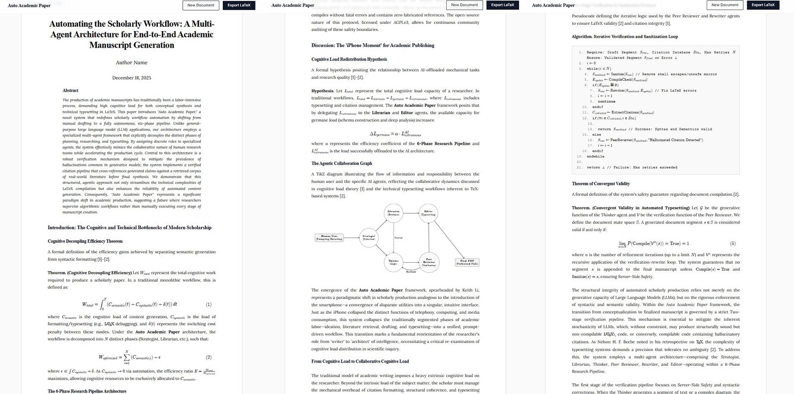A real generated academic paper — abstract, a TikZ diagram, an algorithm, theorems, and citations